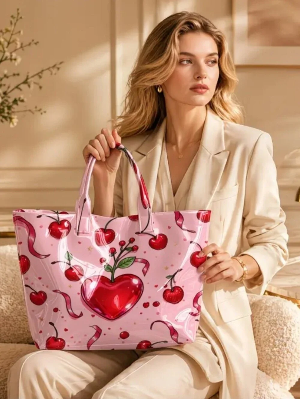 Women Pink Heart Cherry Shoulder Tote Carry Bag PVC